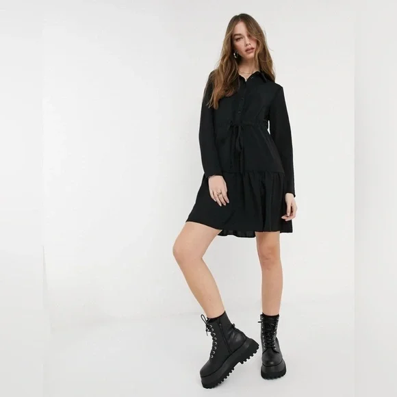 Women’s Dresses | tie waist tiered shirt dress in black - Picture 6 of 9